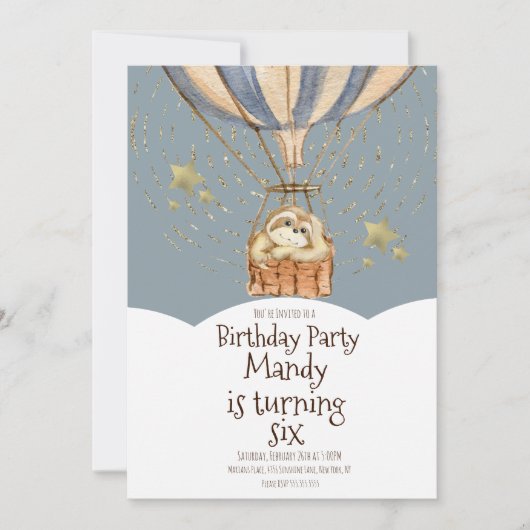 Waterverf Sloth Airballon Birthday Dusty Blue Kaart (Voorkant)