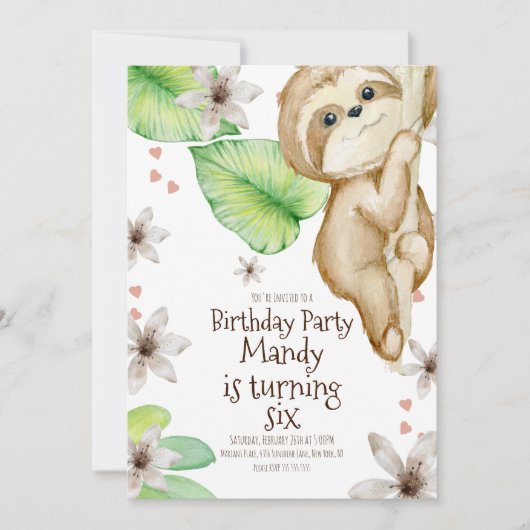 Waterverf Sloth Hanging Heart Floral Birthday Kaart (Voorkant)