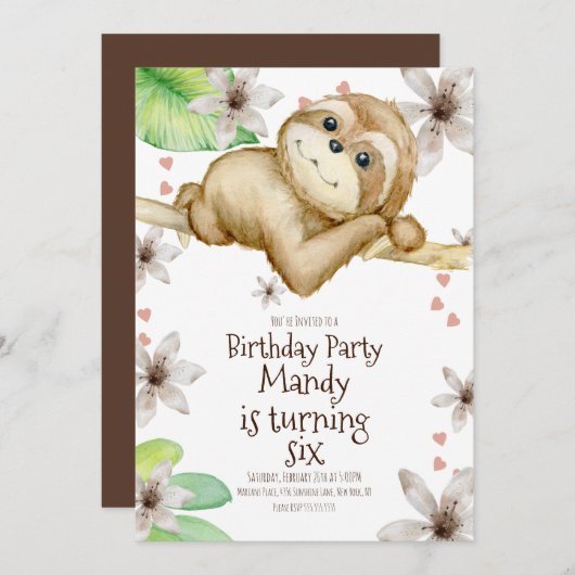 Waterverf Sloth Heart Floral Birthday Kaart (Voorkant / Achterkant)