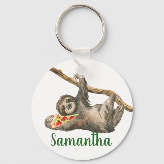 Waterverf Sloth Monogram Pizza Funny Sleutelhanger (Voorkant)