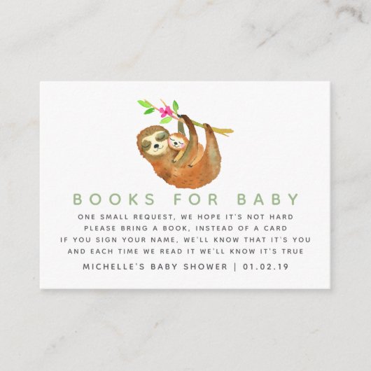 Waterverf Sloth-themed Baby shower Boeken voor Bab Informatiekaartje (Voorkant)