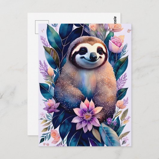 Waterverf Sloth, Wilde leven, Postcrossing Briefkaart (Voorkant / Achterkant)
