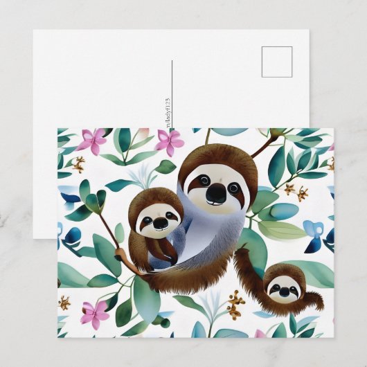 Waterverf Sloth, Wilde leven, Postcrossing Briefkaart (Voorkant / Achterkant)
