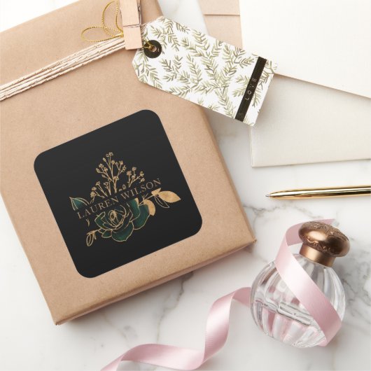 Waterverf Smaragd Goud Elegant Bloemen Vierkante Sticker (Geschenken)