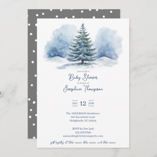 Waterverf Sneeuw Bedekt Evergreen Baby shower Kaart (Voorkant / Achterkant)