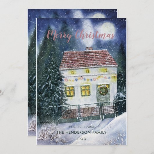 Waterverf Sneeuw Overdekt Feestelijk Cottage Feestdagenkaart (Voorkant / Achterkant)