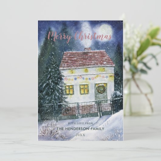 Waterverf Sneeuw Overdekt Feestelijk Cottage Feestdagenkaart (Staand voorkant)