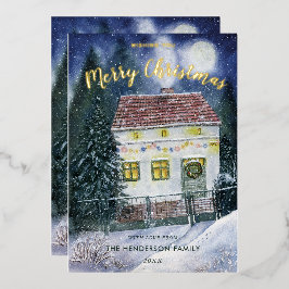 Waterverf Sneeuw Overdekt Feestelijk Cottage Folie Feestdagenkaart