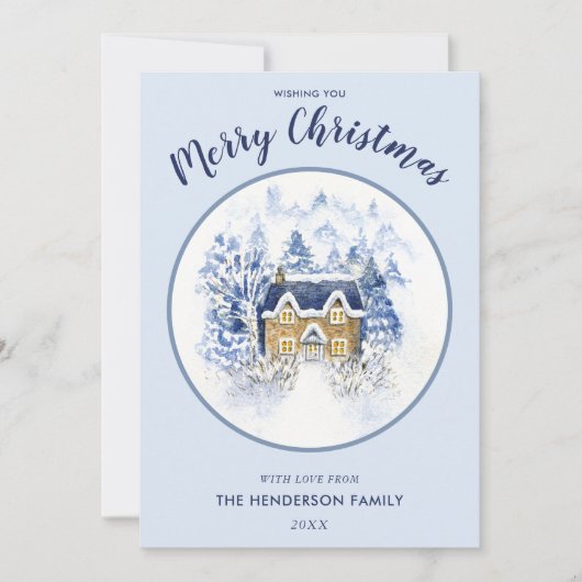 Waterverf sneeuwbedekte huisje feestdagenkaart (Voorkant)