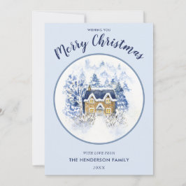 Waterverf sneeuwbedekte  huisje feestdagenkaart