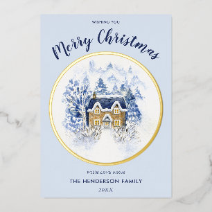 Waterverf sneeuwbedekte huisje folie feestdagenkaart