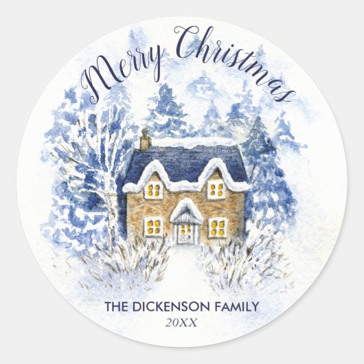 Waterverf sneeuwbedekte huisje kerst ronde sticker (Voorkant)
