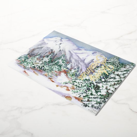 Waterverf Sneeuwberglandschap met pijnbomen Folie Feestdagenkaart (Gedraaid)