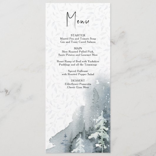 Waterverf Sneeuwbos Dusty Blue Winter Weddenschap  Menu (Voorkant)