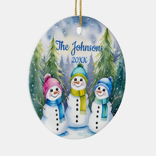 Waterverf Sneeuwfamilie houdt kerstmis Keramisch Ornament (Rechts)