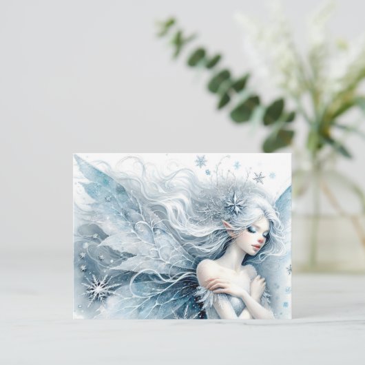 Waterverf sneeuwfee in sneeuwval briefkaart (Staand voorkant)