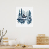 Waterverf Sneeuwlandschap met Lakeside Cabin Poster (Keuken)