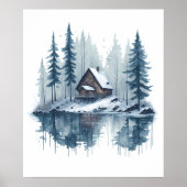 Waterverf Sneeuwlandschap met Lakeside Cabin Poster (Voorkant)