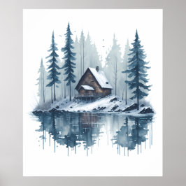 Waterverf Sneeuwlandschap met Lakeside Cabin Poster