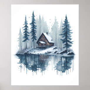 Waterverf Sneeuwlandschap met Lakeside Cabin Poster