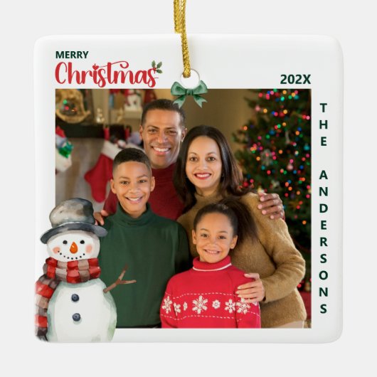 Waterverf sneeuwman één foto feestelijke kerst keramisch ornament (Voorkant)