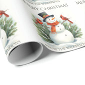 Waterverf Sneeuwman en Kardinalen Aangepaste Naam Cadeaupapier (Rol Hoek)