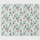 Waterverf sneeuwman en kerstboom cadeaupapier (Vlak)
