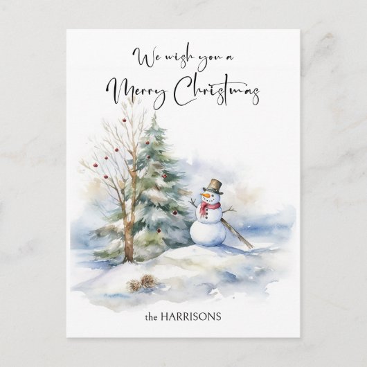 Waterverf sneeuwman en vrolijke kerstgroet feestdagenkaart (Voorkant)