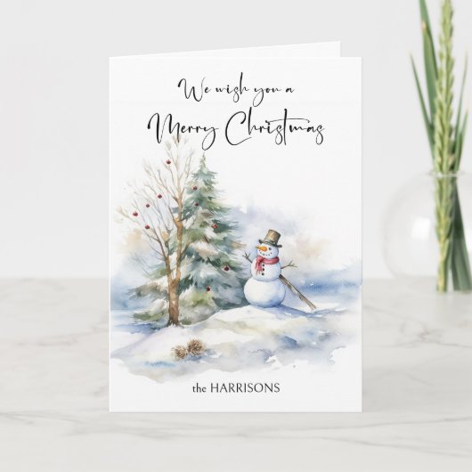 Waterverf sneeuwman en vrolijke kerstgroet kaart (Voorkant)