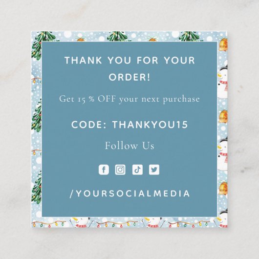 Waterverf Sneeuwman Kerstboom Blauw Dank u Vierkante Visitekaartje (Achterkant)