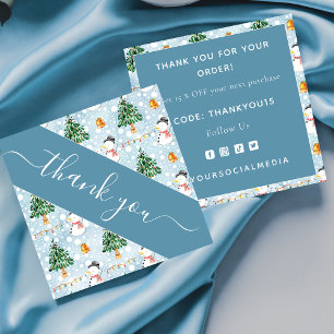 Waterverf Sneeuwman Kerstboom Blauw Dank u Vierkante Visitekaartje