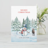 Waterverf sneeuwman konijn en rendier kerst feestdagenkaart (Staand voorkant)