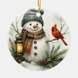 Waterverf Sneeuwman – Lantaarn & Kardinaal Keramisch Ornament