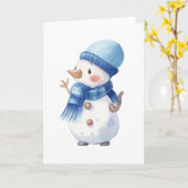 Waterverf Sneeuwman met blauwe sjaal & hoed Kaart (Gele Bloem)
