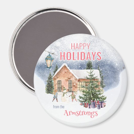 Waterverf sneeuwman winterscène Keepsake Magneet (Voorkant / Achterkant)