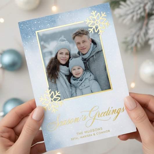 Waterverf Sneeuwvlok Blauwe Foto Seizoenen Groeten Folie Feestdagenkaart