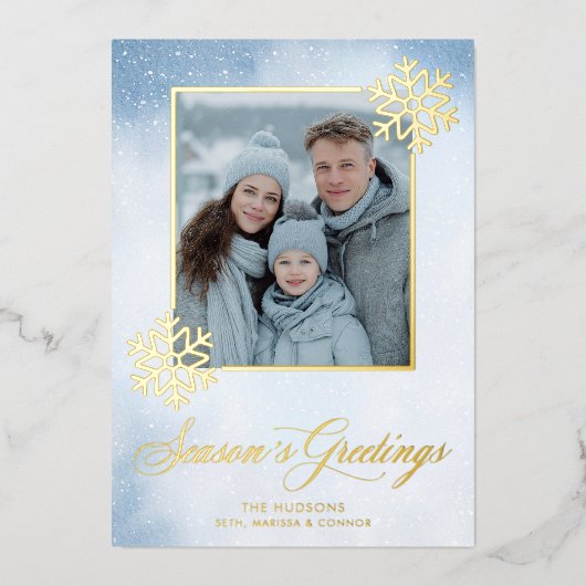 Waterverf Sneeuwvlok Blauwe Foto Seizoenen Groeten Folie Feestdagenkaart (Voorkant)