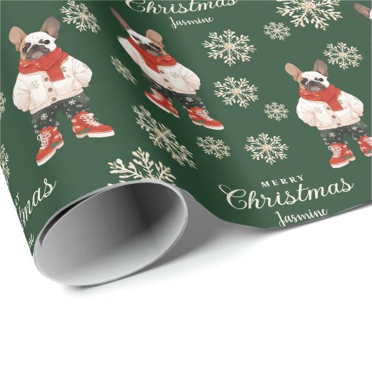 Waterverf Sneeuwvlokken Groene Frenchie Hondenkers Cadeaupapier (Rol Hoek)