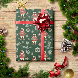 Waterverf Sneeuwvlokken Groene Pug Dog Christmas Cadeaupapier