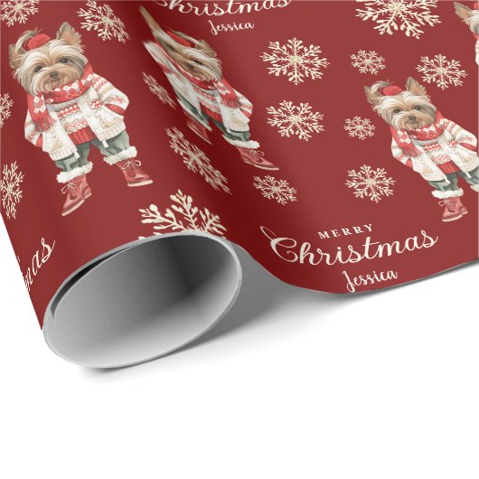 Waterverf Sneeuwvlokken Red Yorkie Hondenkerst Cadeaupapier (Rol Hoek)