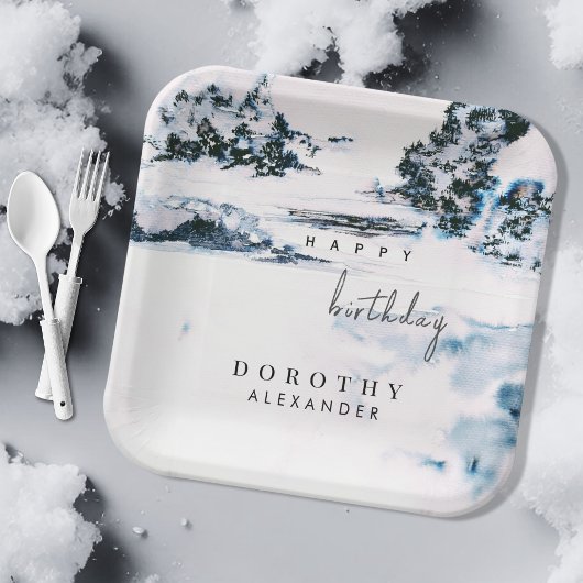 Waterverf Sneeuwwinterbergen Elegant Verjaardag Papieren Bordje