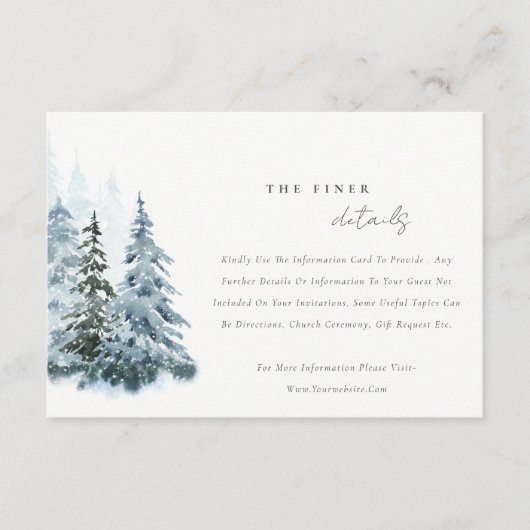 Waterverf sneeuwwinterpijn bruiloft details informatiekaartje (Voorkant)