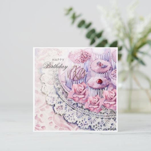 Waterverf snoepjes en verjaardagskaart voor bloeme (Staand voorkant)