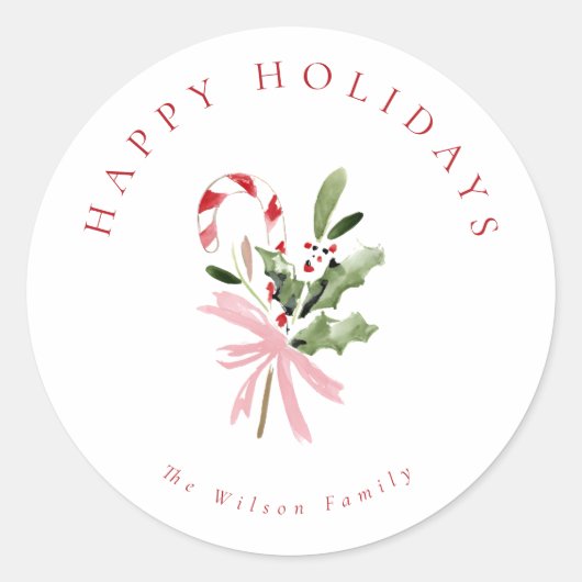 Waterverf Snoepriet & Roze Strik Vakantiedecoratie Ronde Sticker (Voorkant)