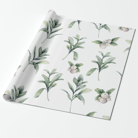 Waterverf Snowberries en Wintergroen Cadeaupapier (Uitgerold)