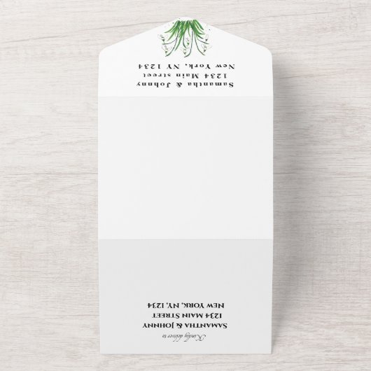 Waterverf Snowdrups White Floral Wedding All In One Uitnodiging (Buitenkant)