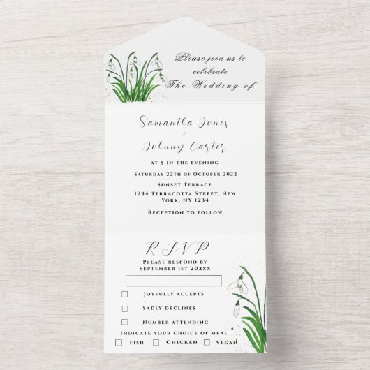 Waterverf Snowdrups White Floral Wedding All In One Uitnodiging (Binnen)