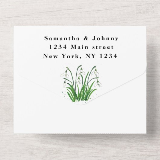 Waterverf Snowdrups White Floral Wedding All In One Uitnodiging (Achterkant)