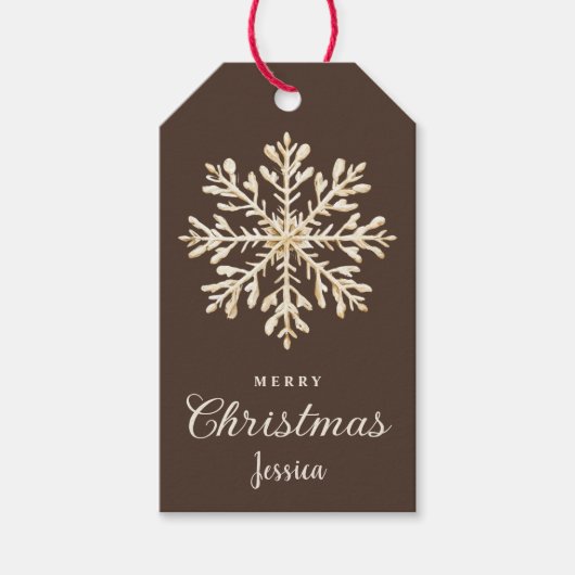 Waterverf Snowflake Brown Custom Christmas Cadeaulabel (Voorkant)