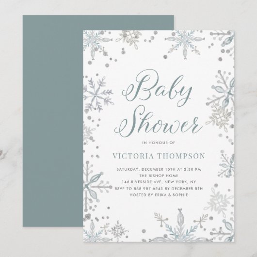 Waterverf Snowflakes Glitter Winter Baby shower Kaart (Voorkant / Achterkant)